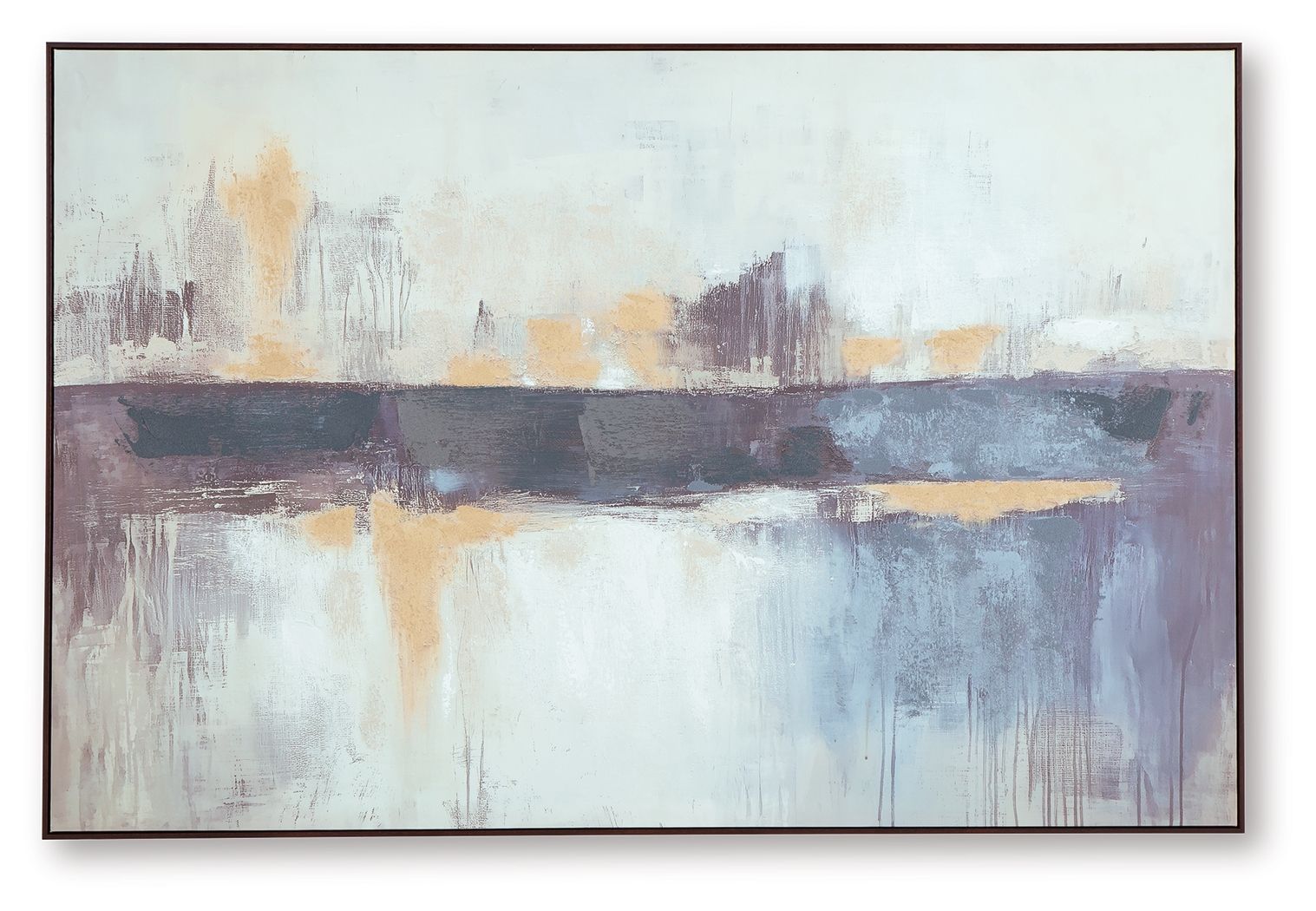 Abstract blue, white, and tan wall art with layered horizontal shapes and brushstrokes.
