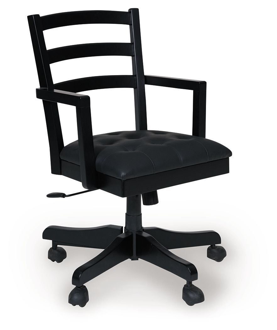 Swivel desk chair with black frame and padded dark seat cushion, five-wheel base