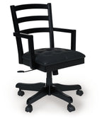 Swivel desk chair with black frame and padded dark seat cushion, five-wheel base