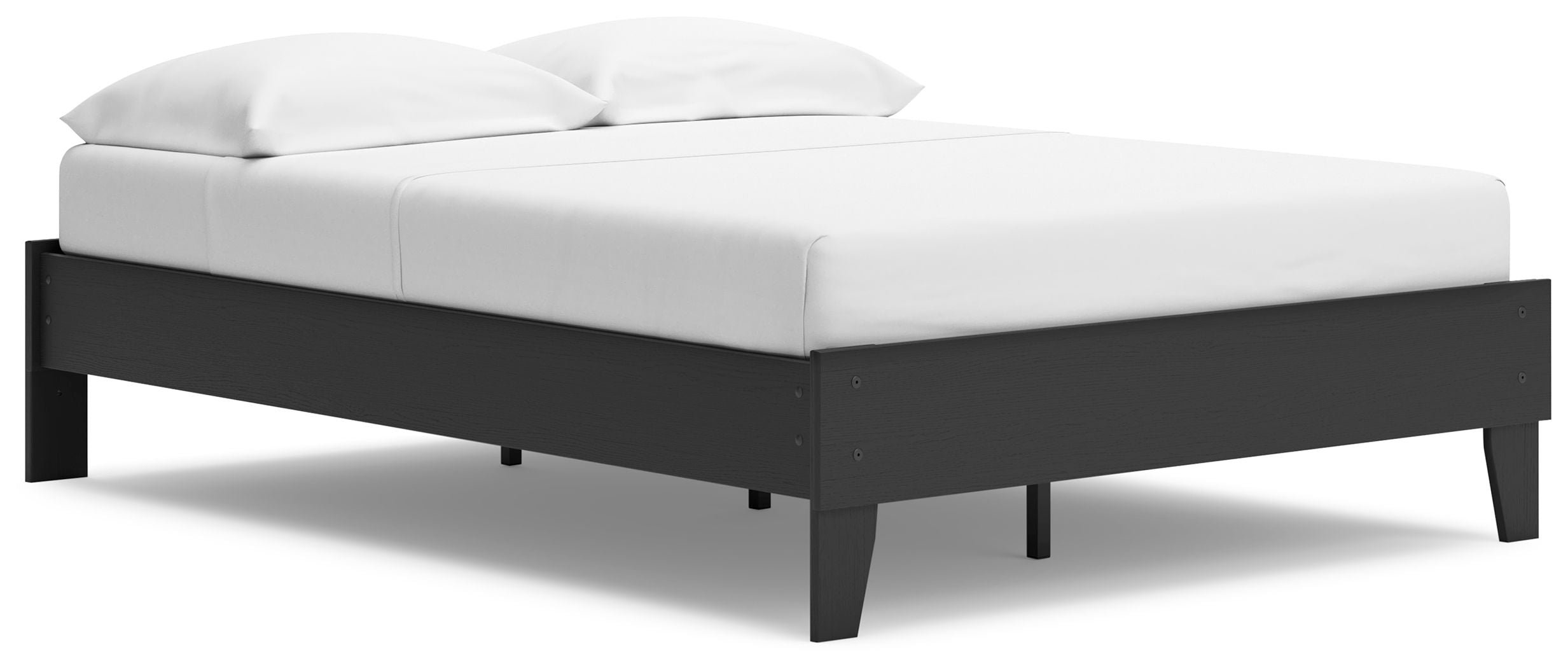 Platform bed with white mattress and dark wood frame, low profile