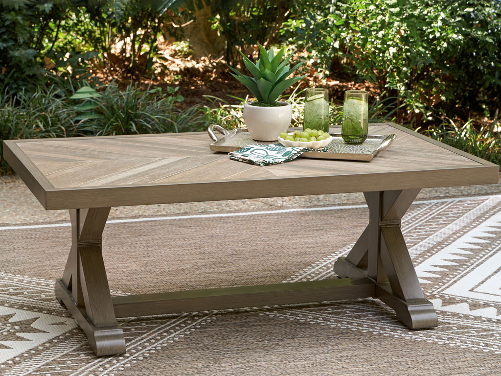 Rectangular cocktail table with beige wood-grain tabletop and X-style side supports