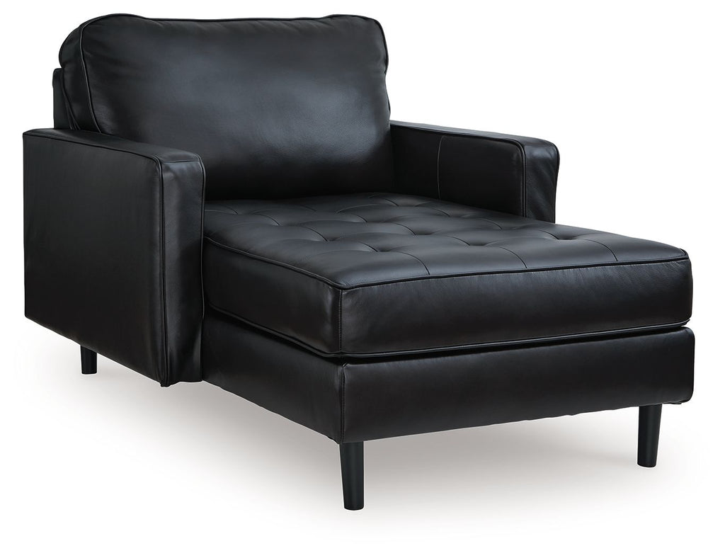 Onyx black leather chaise chair with rolled arms and tufted seat, square base legs