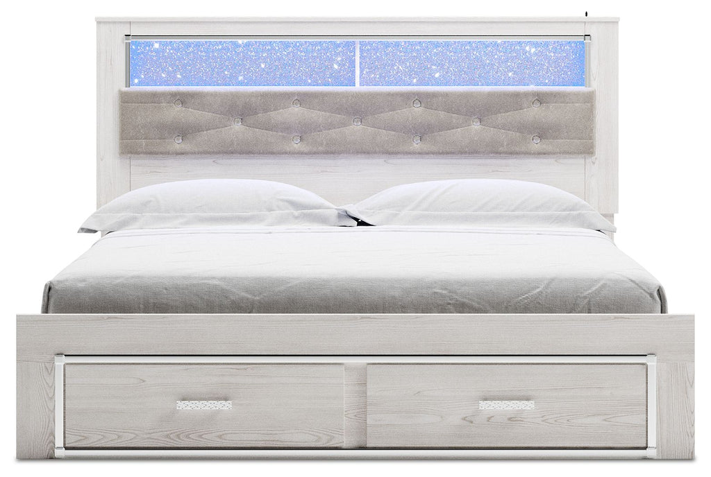 White king upholstered bookcase bed with blue shelf panel and two storage drawers