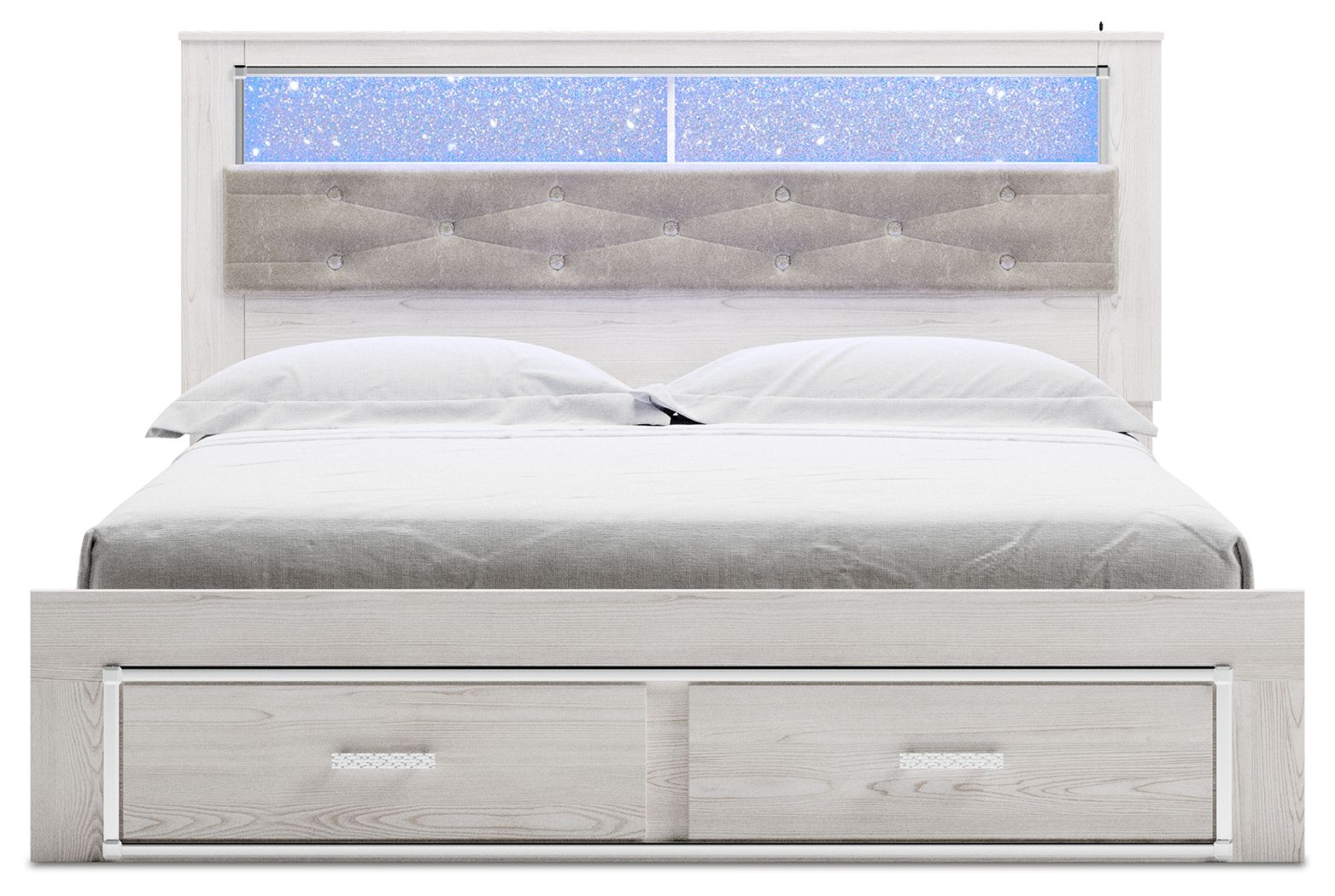White king upholstered bookcase bed with blue shelf panel and two storage drawers