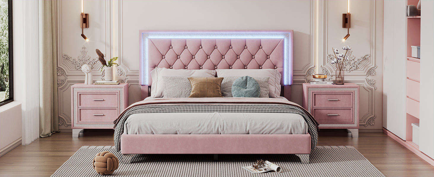 Pink Queen Upholstered Bed Set w/ LED Lights & Nightstands