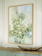 Framed wall art with green, blue and yellow floral abstract pattern