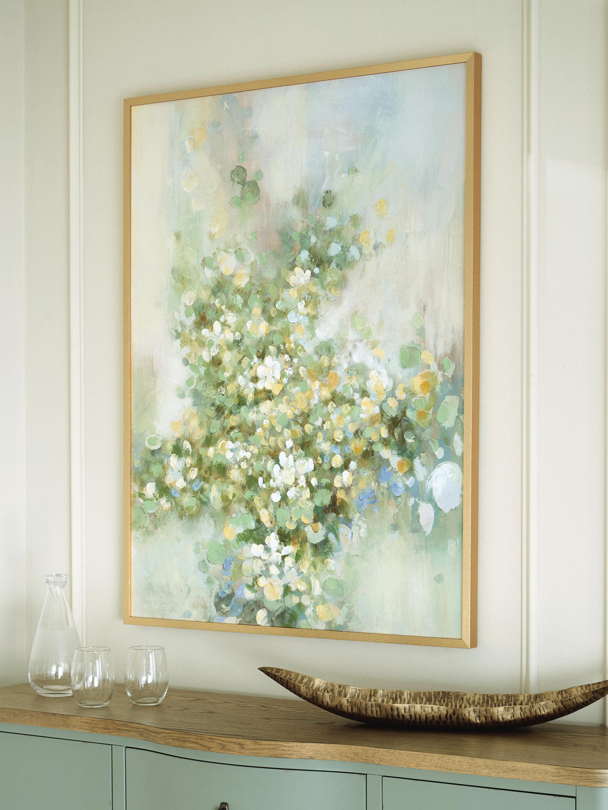Framed wall art with green, blue and yellow floral abstract pattern