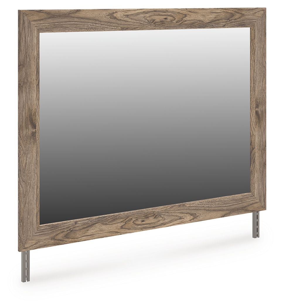 Brown wooden bedroom mirror with beveled frame and open glass panel