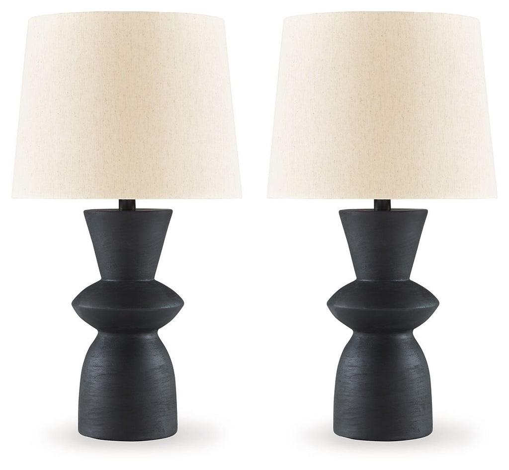 Distressed black paper table lamp set of 2 with drum shade and sculpted base