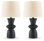 Distressed black paper table lamp set of 2 with drum shade and sculpted base