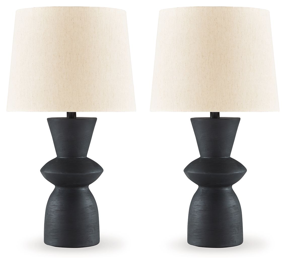 Distressed black paper table lamp set of 2 with drum shade and sculpted base