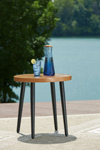 Round end table with round wood top and dark tapered legs