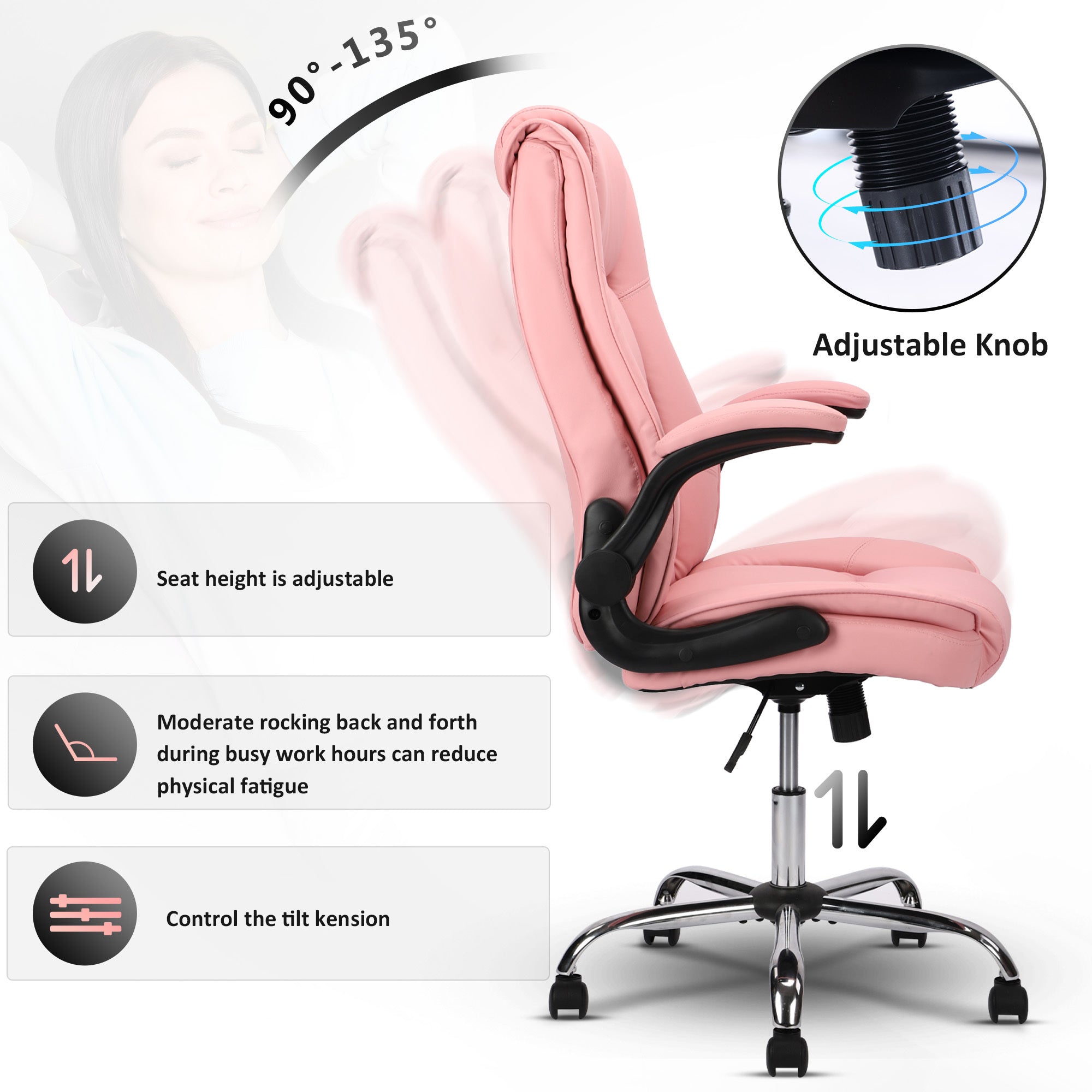 Pink Executive Office Chair Leather Flip-Up Armrests