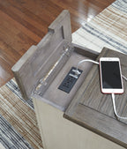 Chair side end table corner view with open top compartment and power outlet area