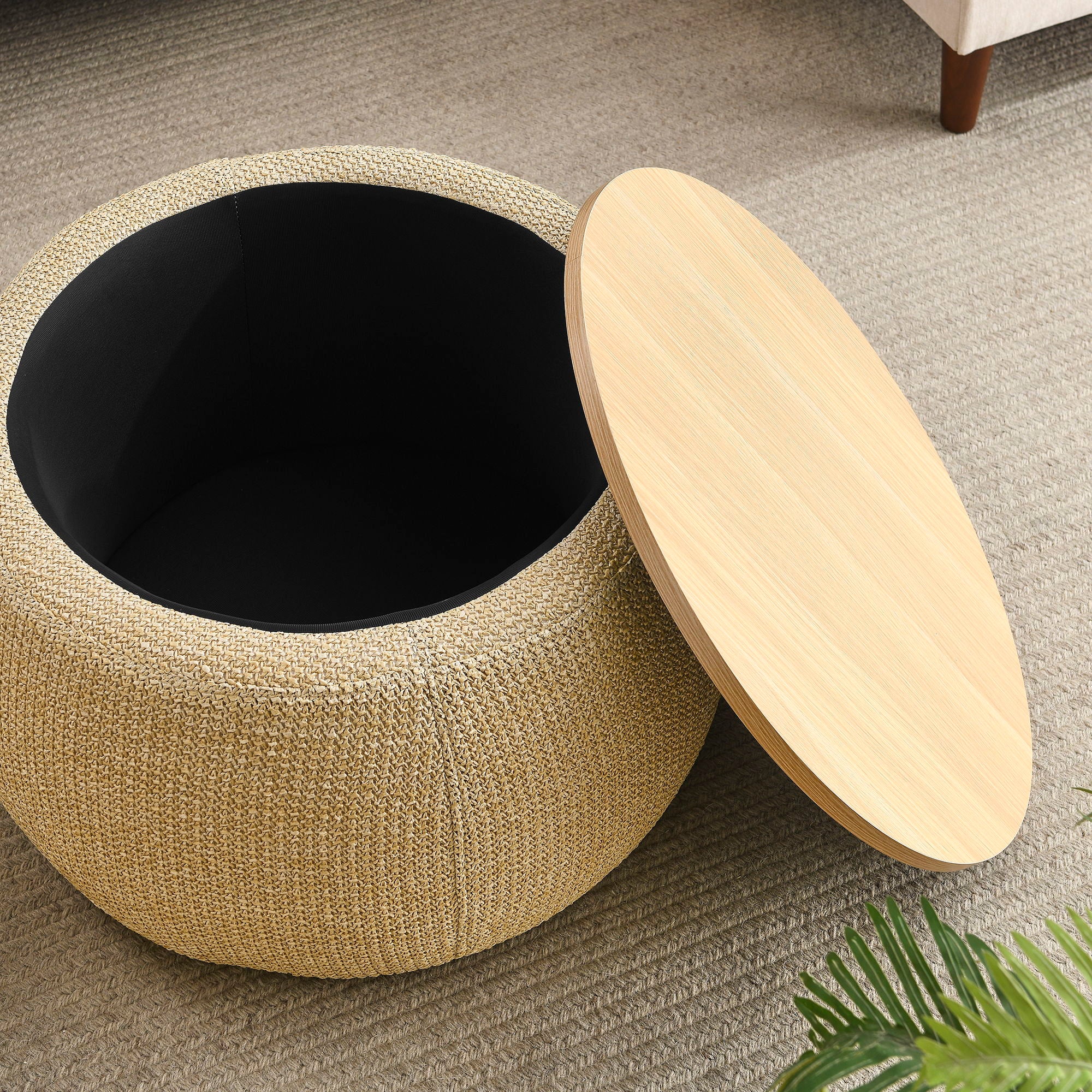 Round Storage Ottoman, 2 In 1 Function, Work As End Table And Ottoman, Natural (25.5" X25.5" X14.5" )