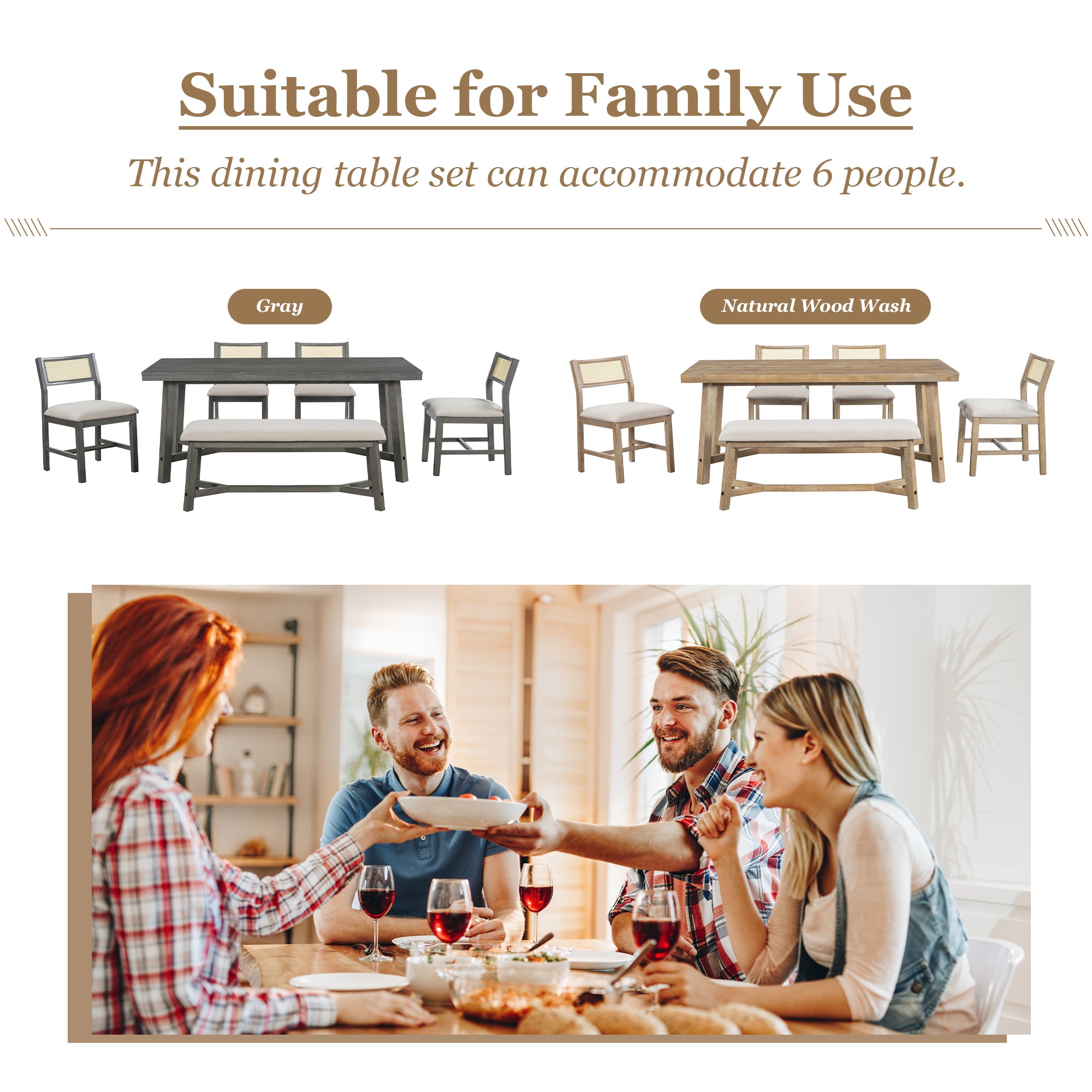 6-Piece Farmhouse Dining Set (Natural Wood)