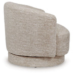 Wardsor swivel chair, stone textured fabric, side view with curved back and arms.