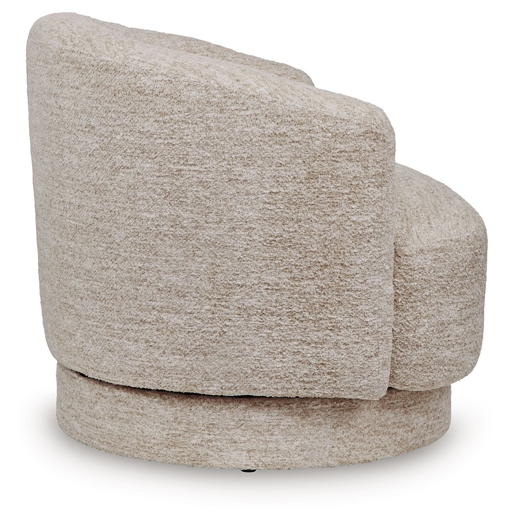 Wardsor swivel chair, stone textured fabric, side view with curved back and arms.