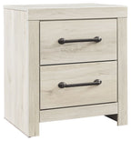 Whitewash two-drawer night stand with dark metal bar pulls and flat top