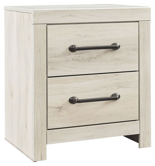 Whitewash two-drawer night stand with dark metal bar pulls and flat top