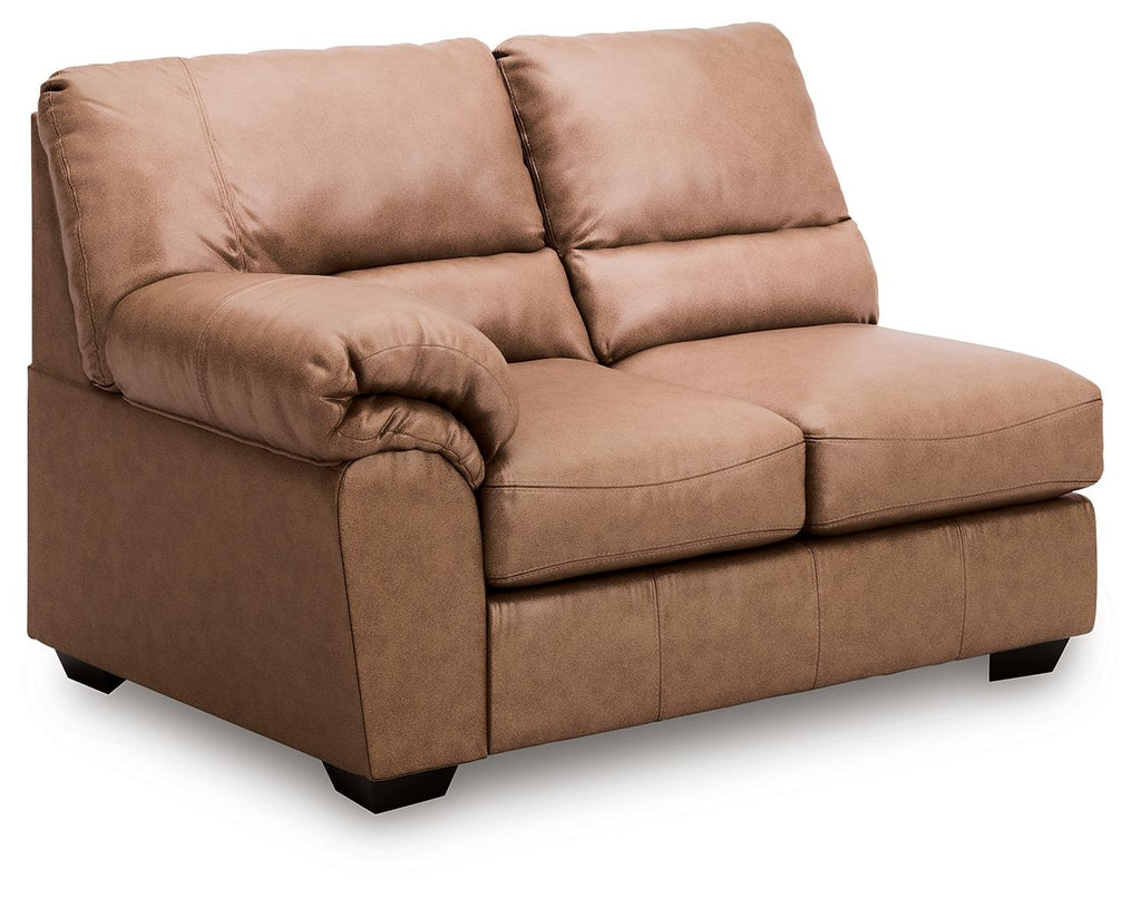 Caramel brown upholstered loveseat with tufted back cushions and rolled arms