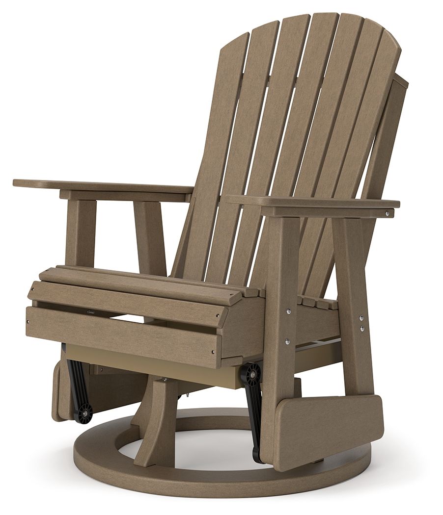 Dark brown swivel glider chair with slatted back, armrests, and base