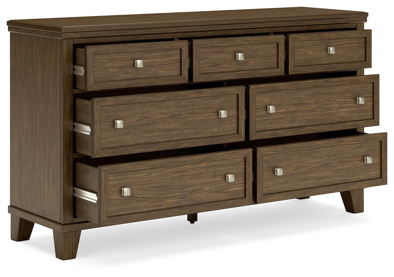 Medium brown wood dresser angled view with six drawers and silver metal knobs