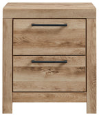 Tan brown two-drawer nightstand with black bar handles, straight front view.