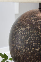 Metal table lamp globe base, dark finish with gold fleck texture
