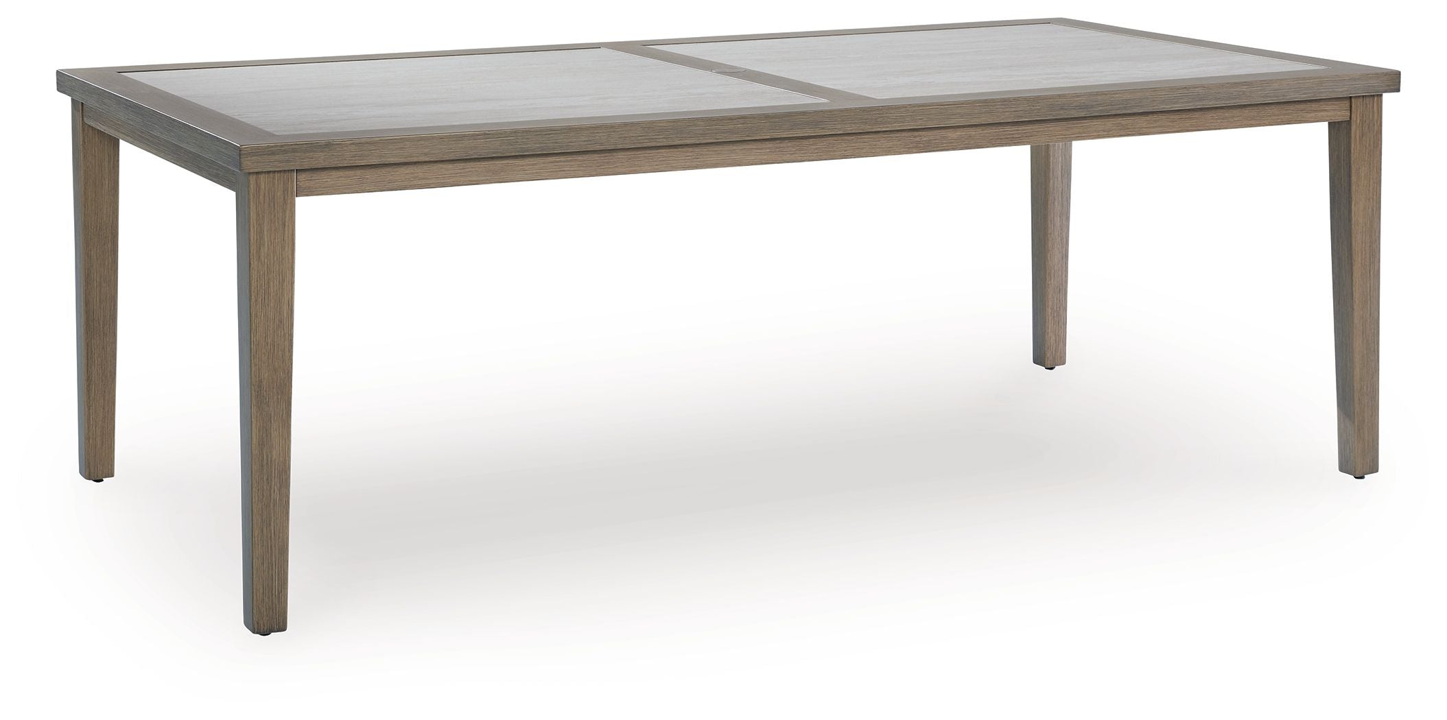 Rectangular dining table with umbrella opening, light brown wood frame