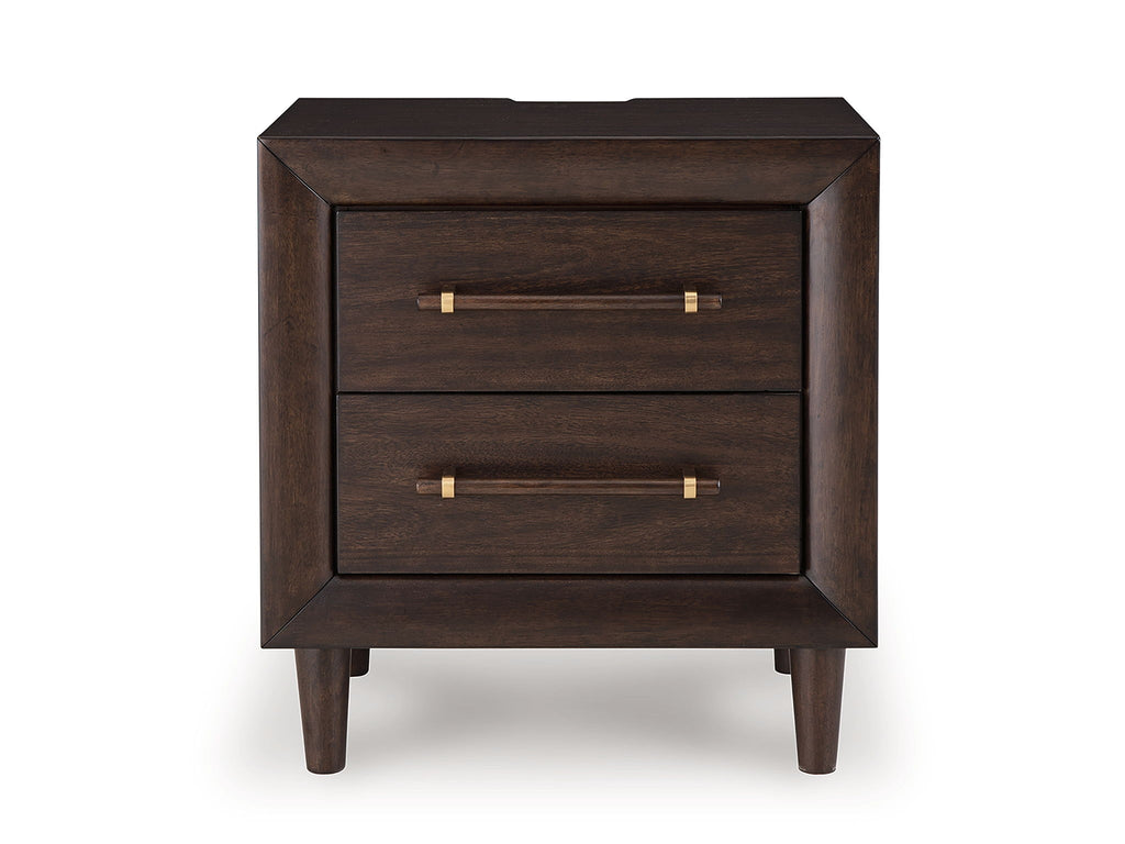 Two-drawer night stand, dark wood, two drawers with brass bar pulls and short legs