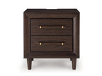 Two-drawer night stand, dark wood, two drawers with brass bar pulls and short legs