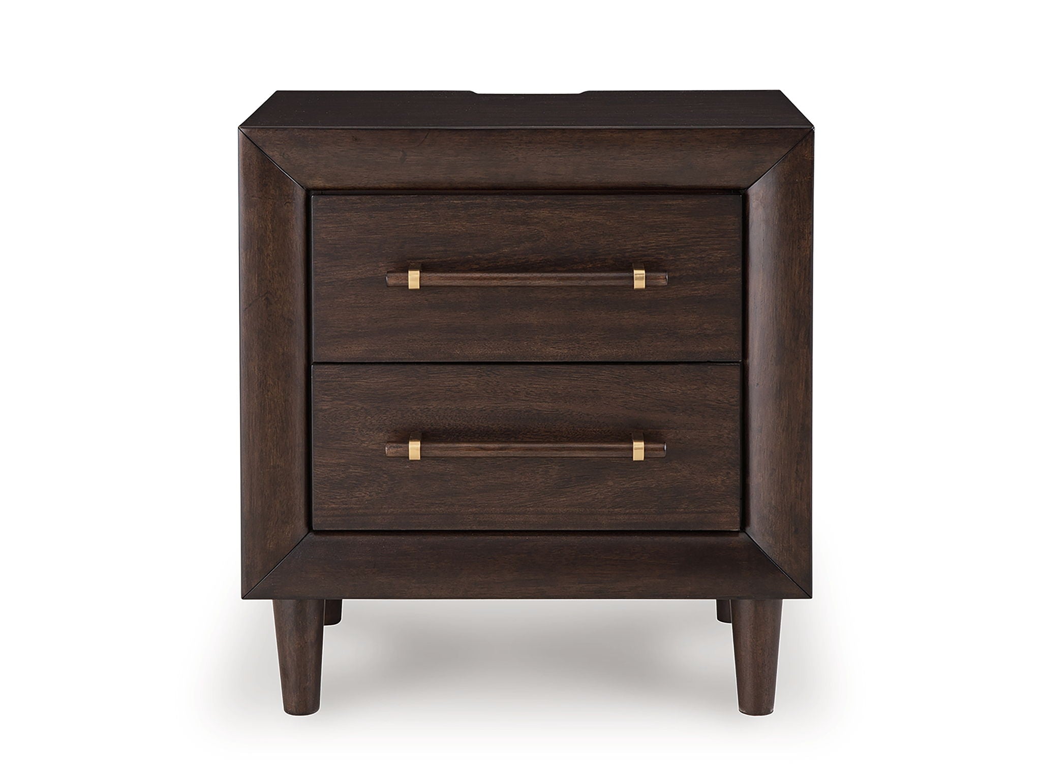 Two-drawer night stand, dark wood, two drawers with brass bar pulls and short legs