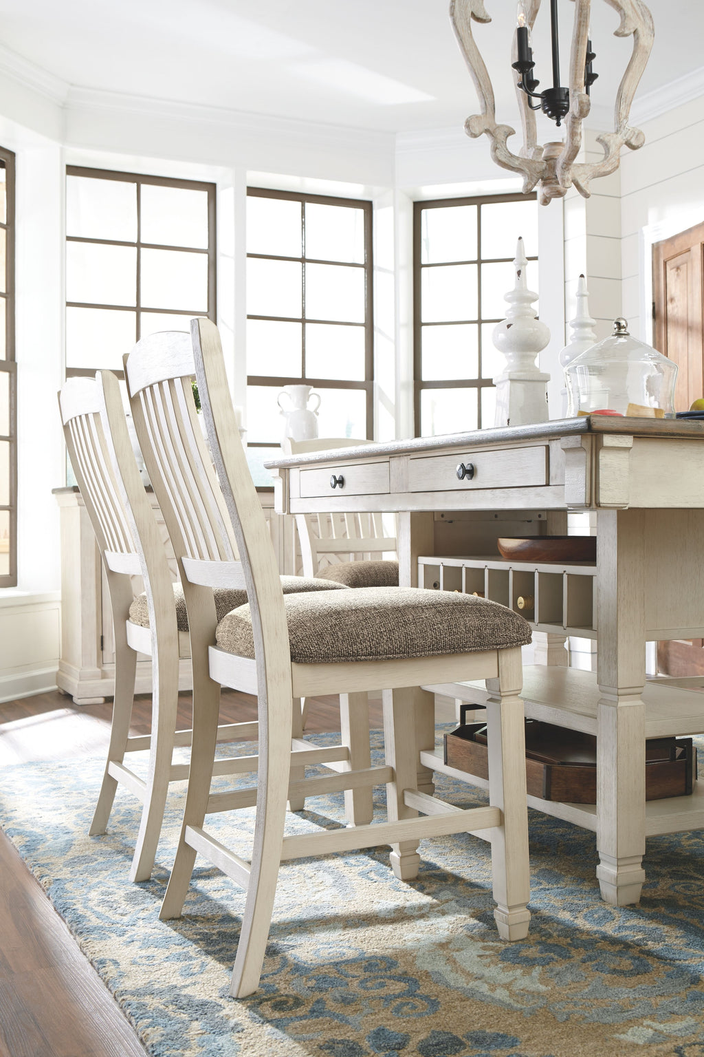 Beige chair with upholstered seat beside a rectangular dining table