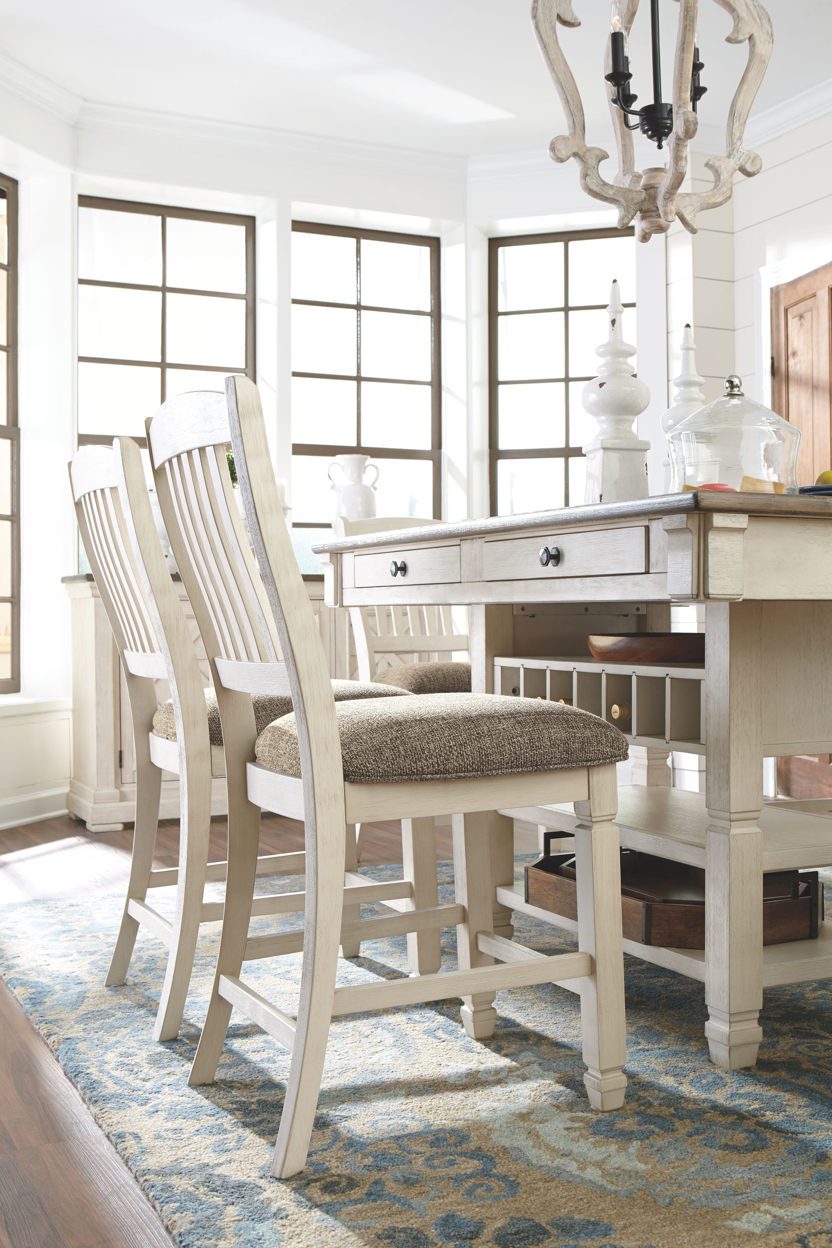Beige chair with upholstered seat beside a rectangular dining table