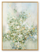 Framed wall art print with green, blue and yellow floral abstract