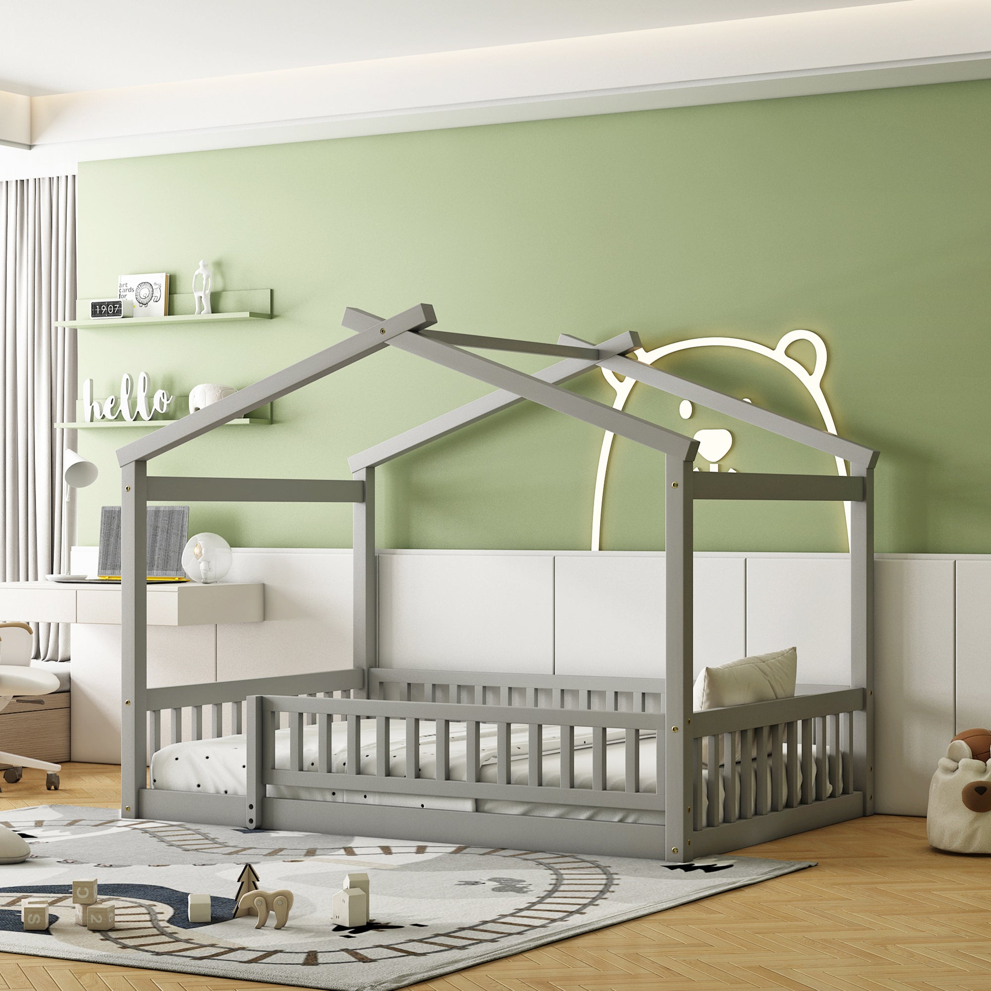 Gray Full Size Wood House Bed Frame w/ Fence for Kids Teens