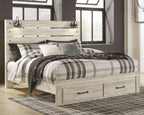 Bedroom set bed with light wood frame and plaid bedding, with two drawers under side rails