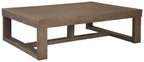 Gray rectangular cocktail table with open lower shelf and angled legs
