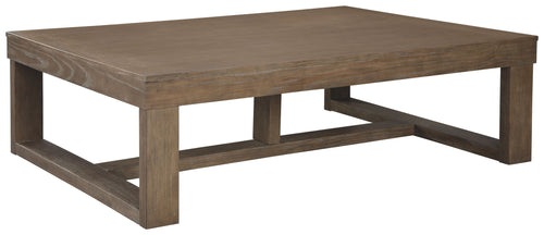 Gray rectangular cocktail table with open lower shelf and angled legs