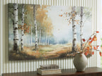 Birch forest wall art with pale blue mist, autumn foliage, and white tree trunks
