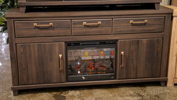 Dark brown TV stand with fireplace insert, two drawers and two door cabinets