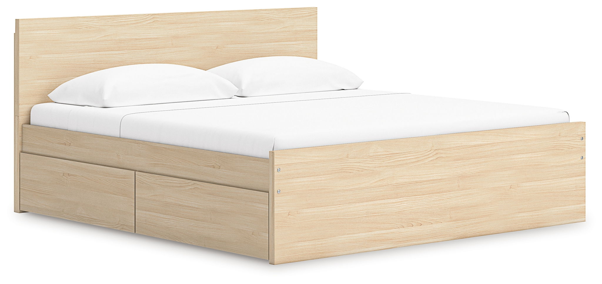 Light brown panel platform bed with slatted mattress support and side drawer storage