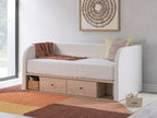 Upholstered day bed in beige fabric with white mattress; two under-bed drawers