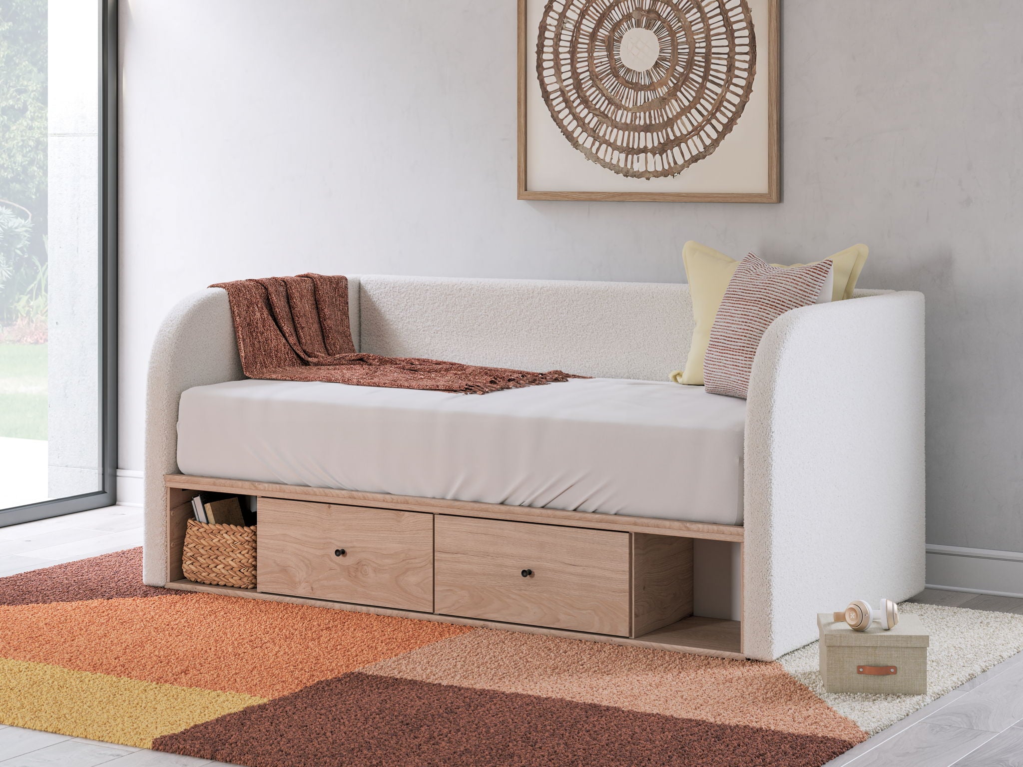 Upholstered day bed in beige fabric with white mattress; two under-bed drawers
