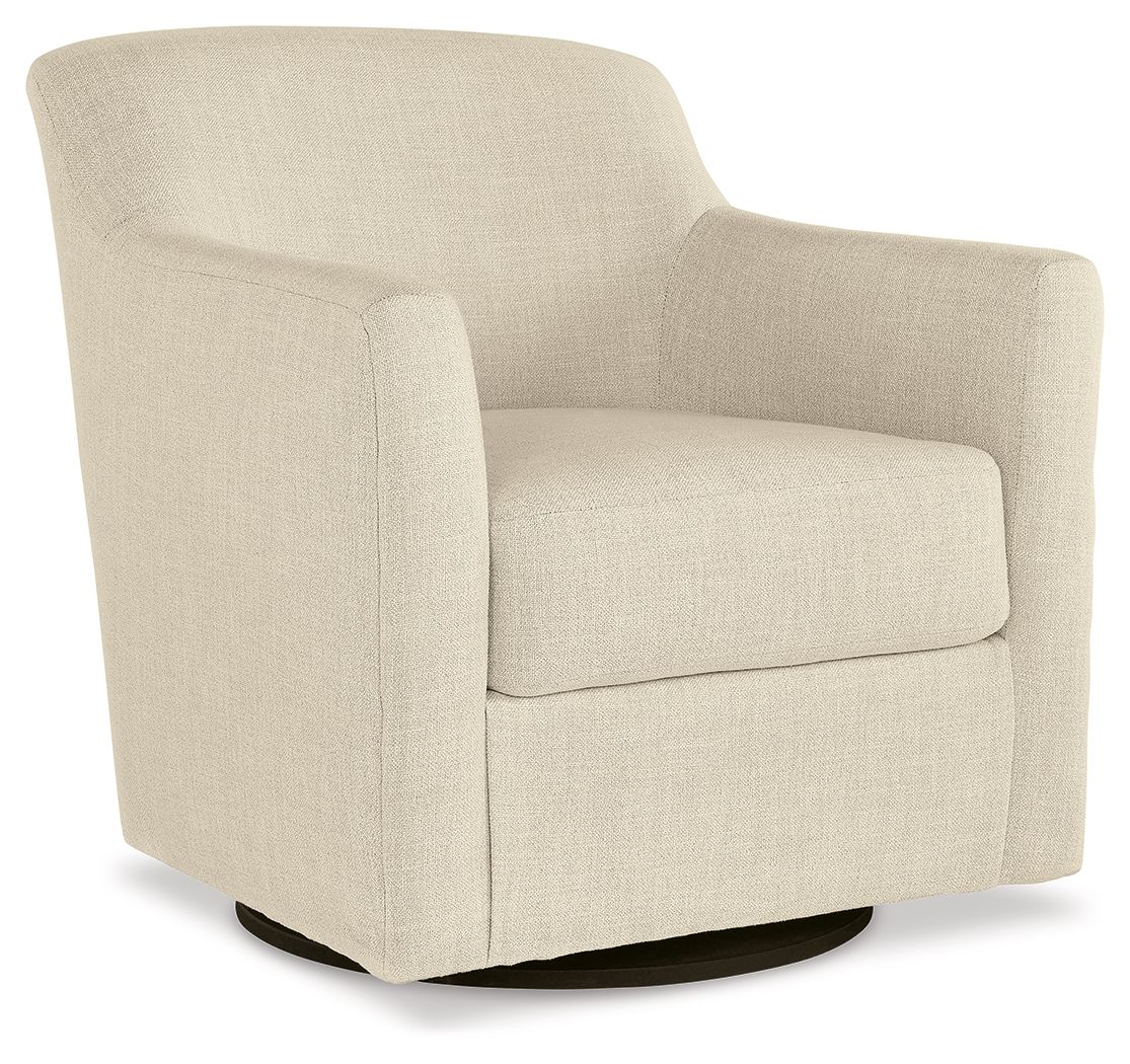 Beige swivel accent chair with upholstered seat, padded backrest, and rounded arms