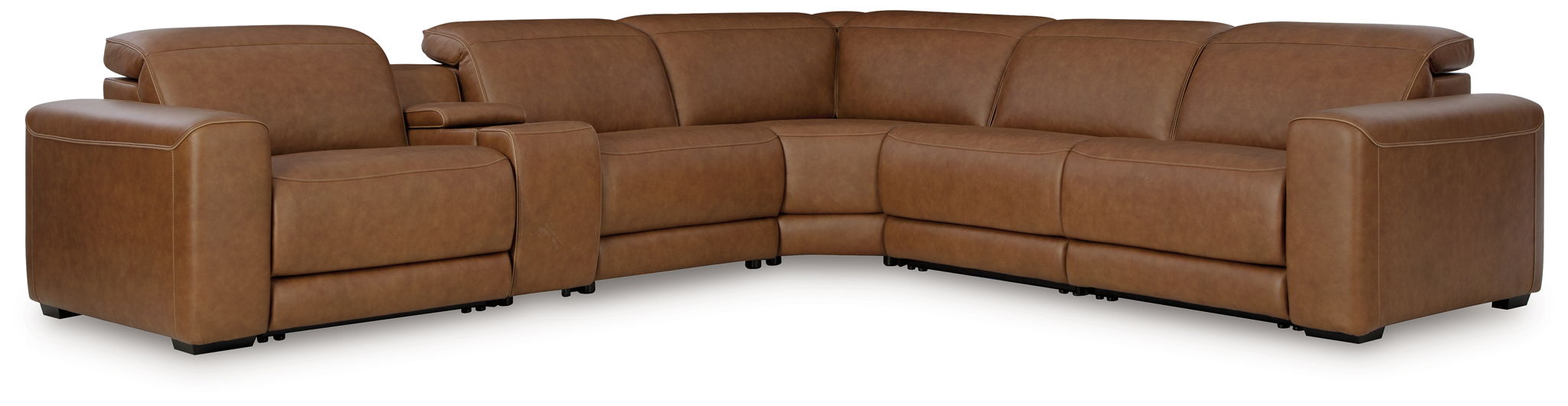 Caramel reclining sectional sofa with rounded arms and tufted back cushions