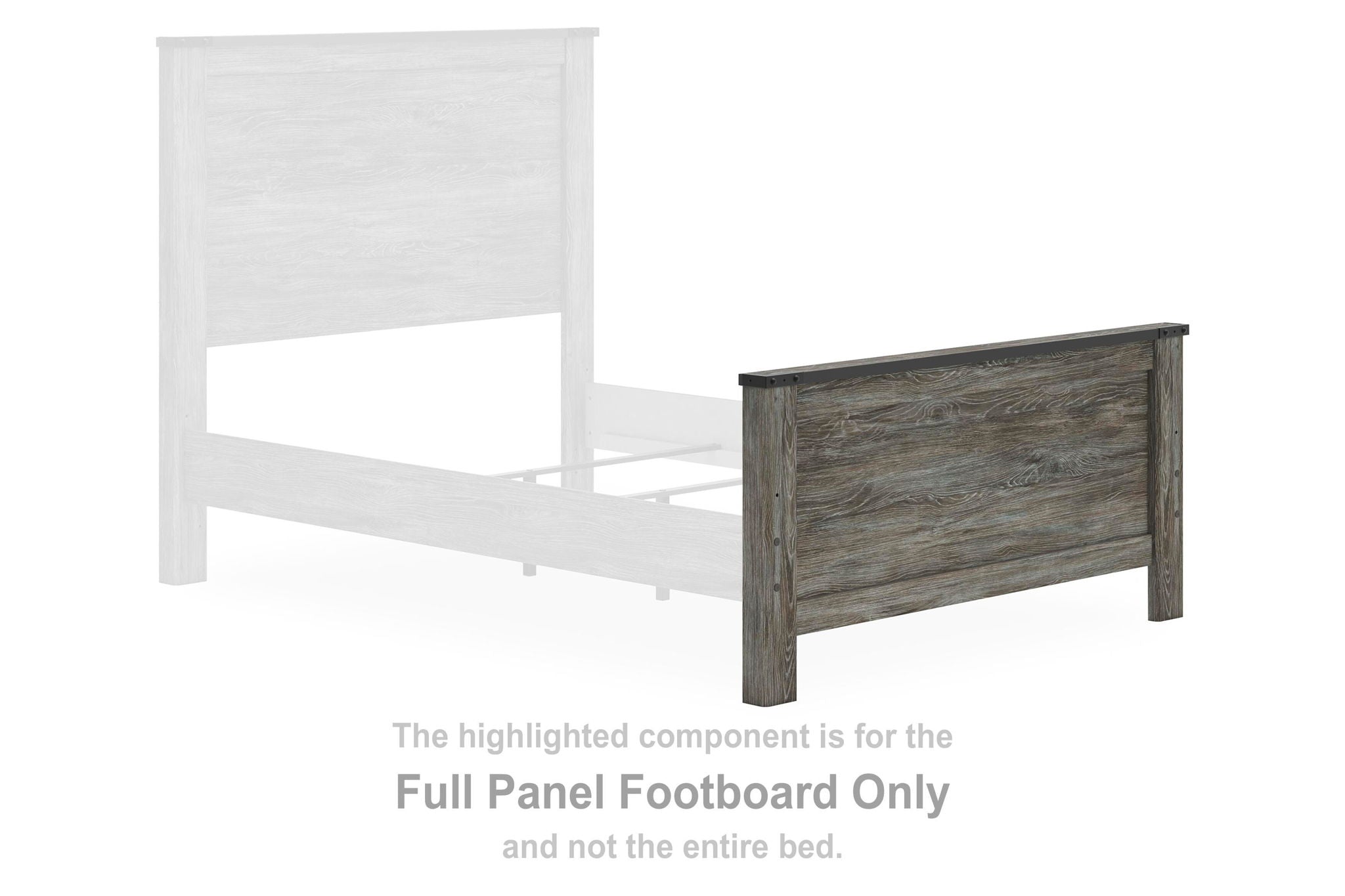 Gray full panel footboard with solid raised end panel for a bed frame