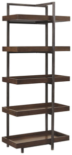 Brown wood pier shelf with gunmetal frame, open stepped tiers, rectangular shelves