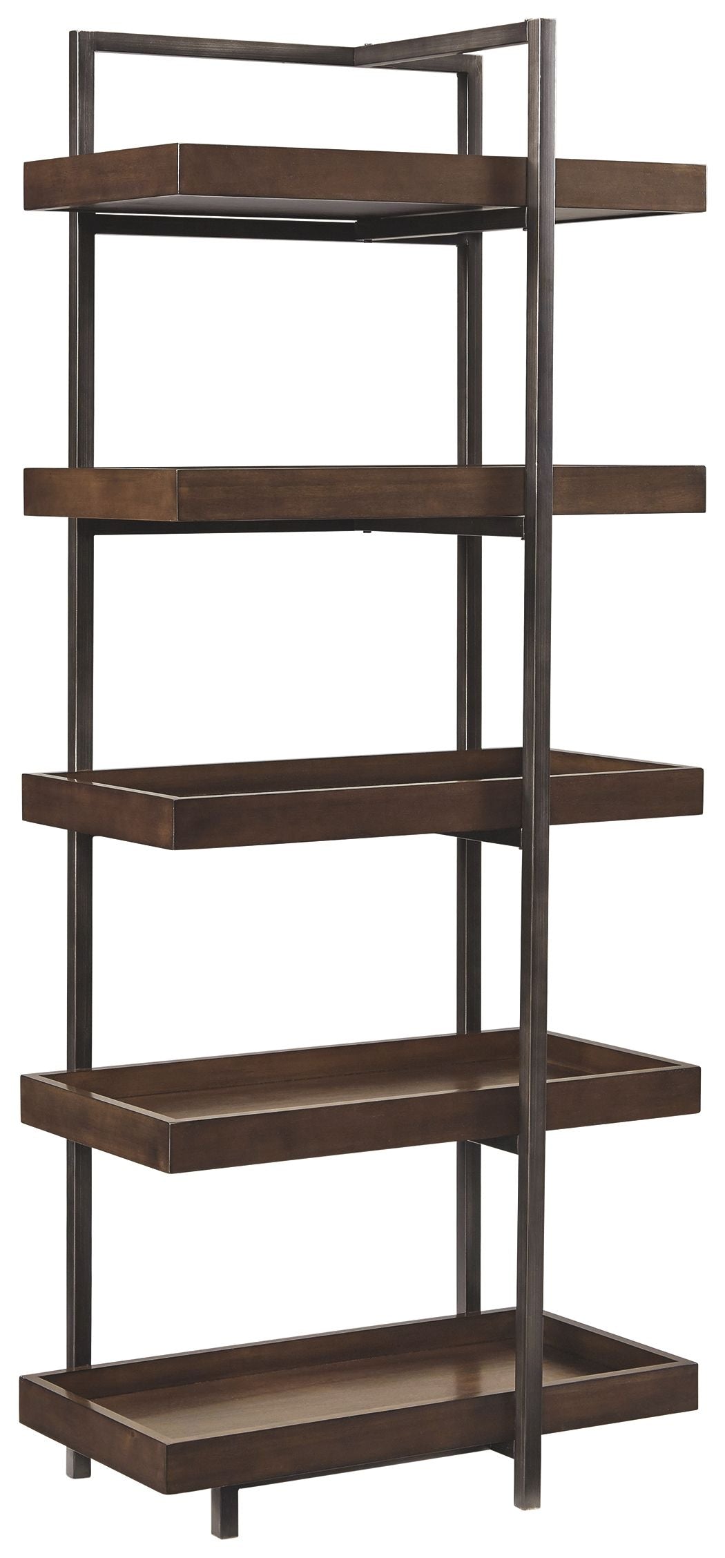 Brown wood pier shelf with gunmetal frame, open stepped tiers, rectangular shelves